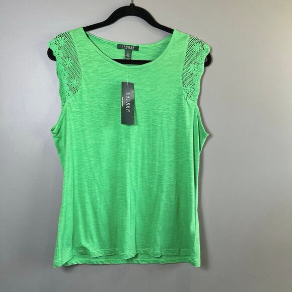 NWT Lauren Ralph Lauren Green Short Sleeve Top with Crochet Detail Size Large - Picture 1 of 5